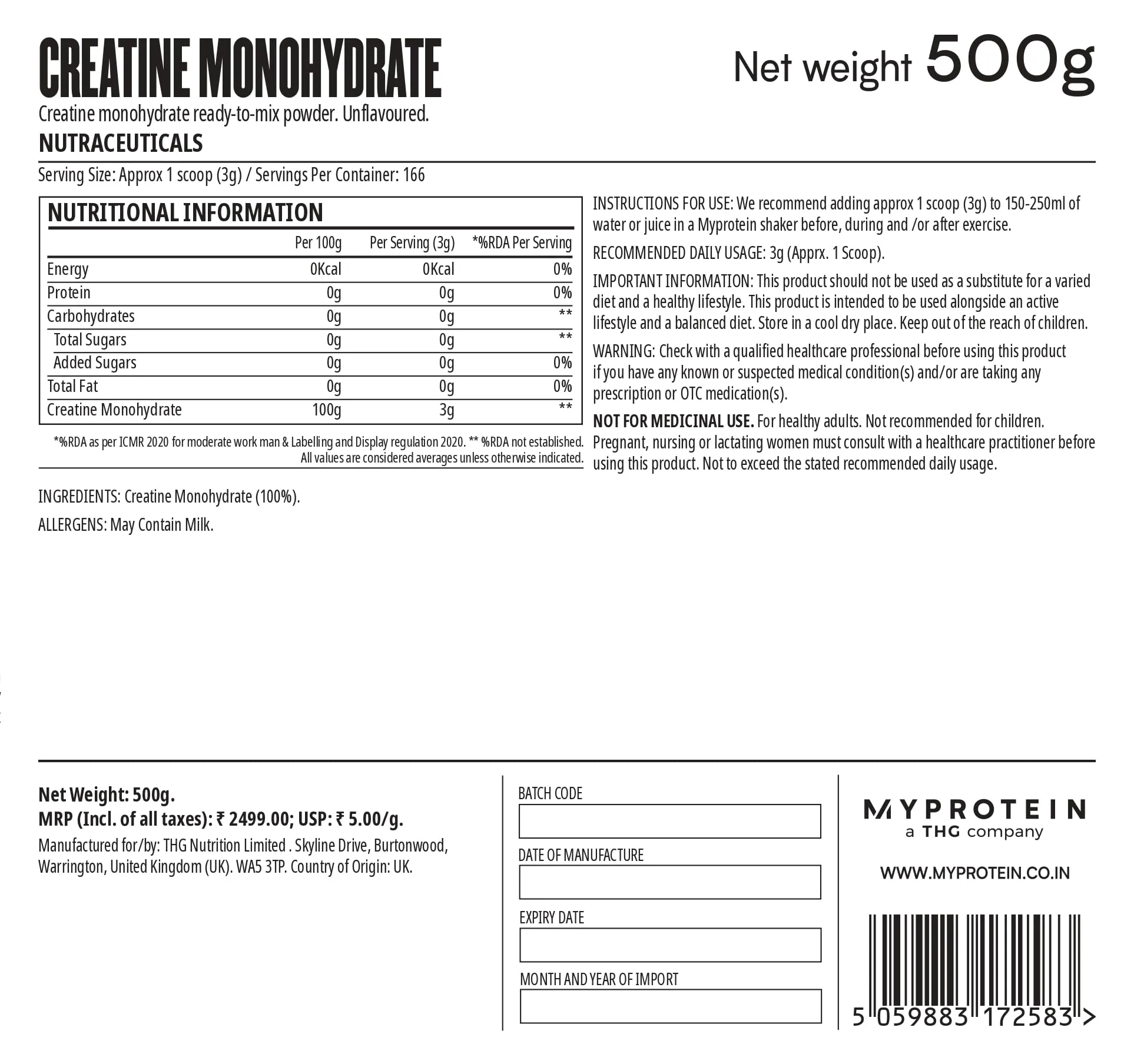 MyProtein Pure Creatine Monohydrate Powder (Unflavoured - 500 Gram, 166 Serves) 100% Creatine Monohydrate per serve Build Muscle - Increase Muscle Power, Boost Strength & Enhance Performance