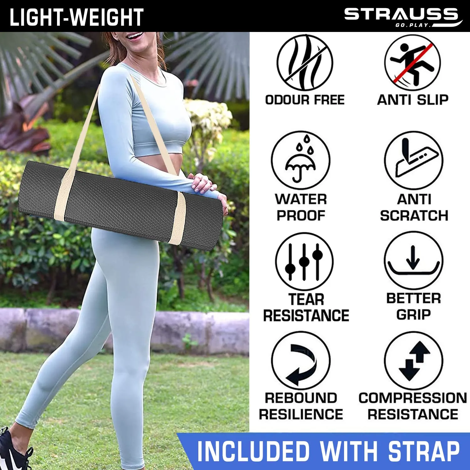 Strauss Anti Skid EVA Yoga Mat with Carry Strap, 4mm, (Black)