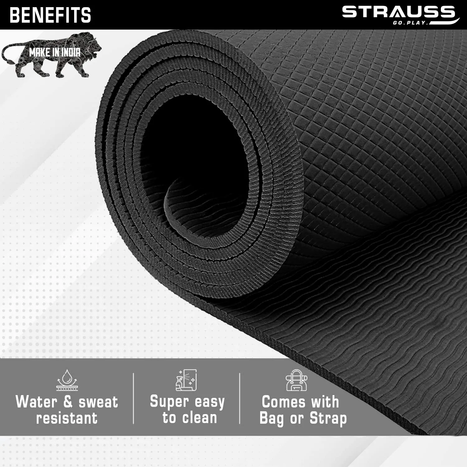 Strauss Anti Skid EVA Yoga Mat with Carry Strap, 4mm, (Black)
